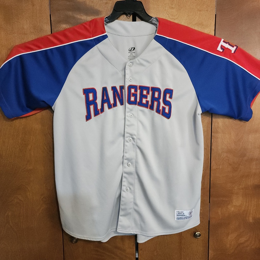 D6‎  Majestic Texas Rangers MLB Baseball Jersey 2XL Gray Blue Red Short Sleeve